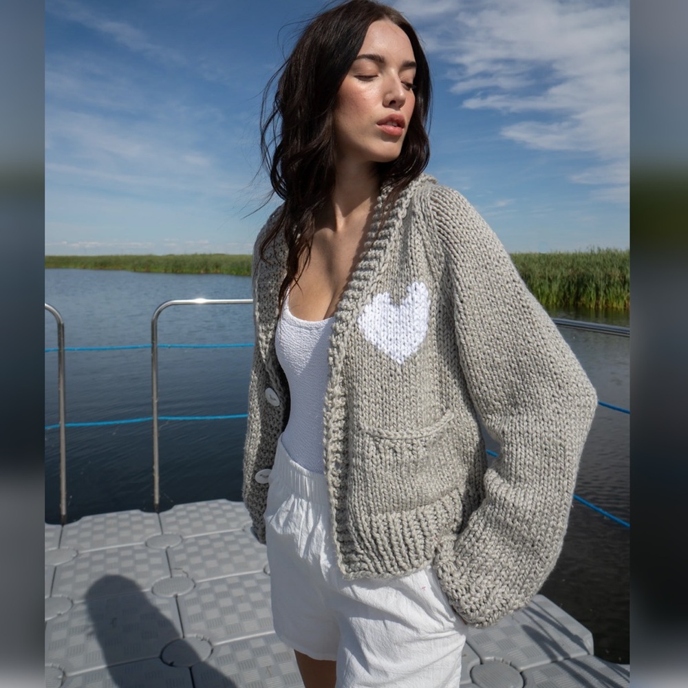 Gray Heart Knit Women's Sweater